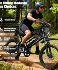 Rider on Powerful 2000W Electric Dirt Bike For Adults With 48V 18Ah Battery 110Nm Torque Pedal Assist, exploring forest trail.