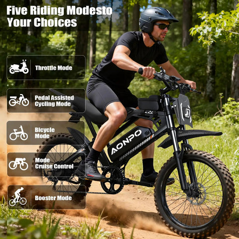 Rider on Powerful 2000W Electric Dirt Bike For Adults With 48V 18Ah Battery 110Nm Torque Pedal Assist, exploring forest trail.