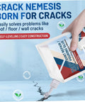 Slick Self Leveling Concrete Crack Filler Featuring A Hella Strong Fast Setting Formula For Driveways And Patios Includes Easy Pour Applicator Premium Grey Cement Sealer For Hardcore Outdoor Repair Jobs in use on wall cracks.