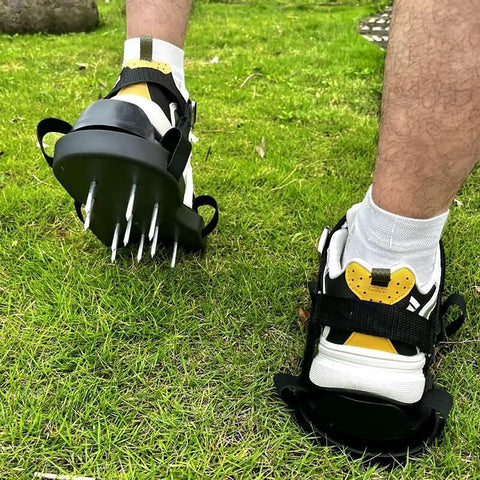 Lawn Aerator Shoes With No Fuss Self Leveling Spikes And Spring System 3 Inch Ground Stakes for soil loosening shown on grass