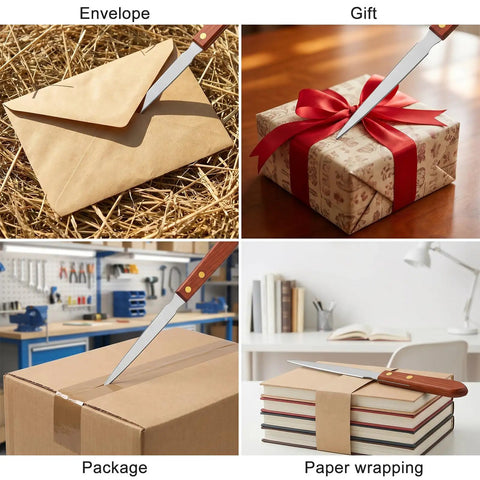 Two Pack Letter Openers With Wood Handle And Stainless Steel Blades For Grab And Go Envelope Slitters shown on various surfaces