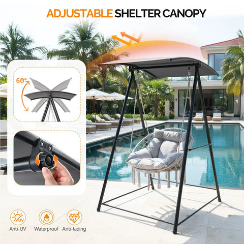 Chill Outdoor Hammock Chair With Stand And Canopy by pool, featuring adjustable canopy and cushioned seat for relaxation.