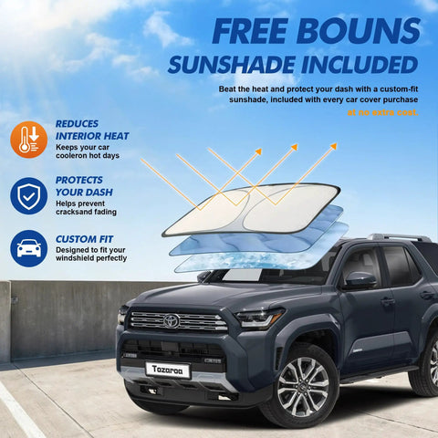 Tough As Nails All Weather Waterproof Car Cover with sunshade, shown with layers, for Toyota Highlander and similar SUVs.