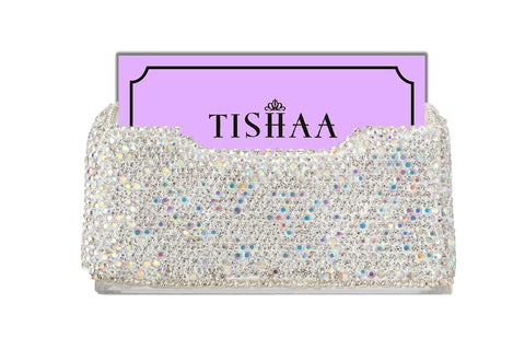Blinged Out Business Card Holder Stand For Desk And Office, Crystal Rhinestones, White Glitter Display, Luxury Card Organizer