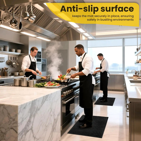Heavy Duty Rubber Floor Mat With Drainage Holes For Garage Kitchen Restaurant And Outdoor Bar Use 36 By 60 Inches Non Slip Puddle Proof Durable Black Tough As Nails in use in restaurant kitchen