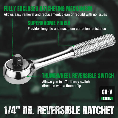 Professional One Quarter Inch Drive Reversible Ratchet Built Tough With Heat Treated Chrome Vanadium And SuperKrome Finish display