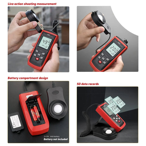 Easy-Read Pro-Grade Digital Lux Meter For Photography And Studio Lighting, Measures 0 To 200000 Lux (Lux/FC) With Clear Readout, Ideal For Photo Shoots, Office, Lab, Stage, And Horticulture Lighting Control in red handheld design with sensor and LCD