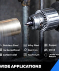 Rugged M35 Cobalt Center Drill Bit With TiAln Coating For Nailing Precise Starter Holes In Stainless Steel Cast Iron And Copper Number 3 Size drilling into metal with labeled applications.