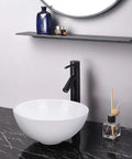 12 Inch Round Porcelain Vessel Sink With Pop Up Drain For Above Counter Vanity, minimalist modern white basin on marble counter