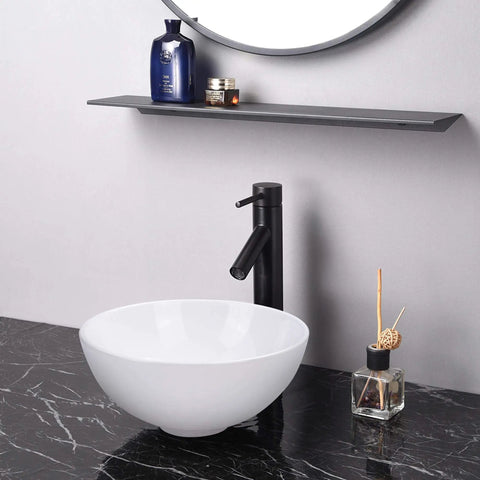 12 Inch Round Porcelain Vessel Sink With Pop Up Drain For Above Counter Vanity, minimalist modern white basin on marble counter