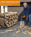Man chopping wood next to Six Foot Outdoor Firewood Rack Heavy Duty Metal Wood Holder Built For Up To 880 Lbs One Quarter Cord.