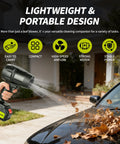 Person using Cordless Handheld Leaf Blower Beastly Power 100000 RPM Brushless Motor to clear car and patio debris