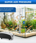 Aquarium air pump, 3W/5W, dual outlet, ultra-quiet; includes air stone, check valve, and Y-splitter.
