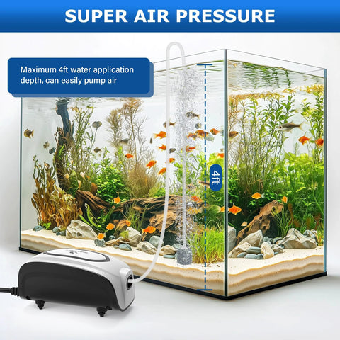 Aquarium air pump, 3W/5W, dual outlet, ultra-quiet; includes air stone, check valve, and Y-splitter.