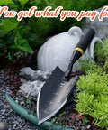 Beefy Heavy Duty Garden Trowel With Serrated Stainless Steel Blade Left Side Three Inch Sawtooth Hand Shovel on rocky ground