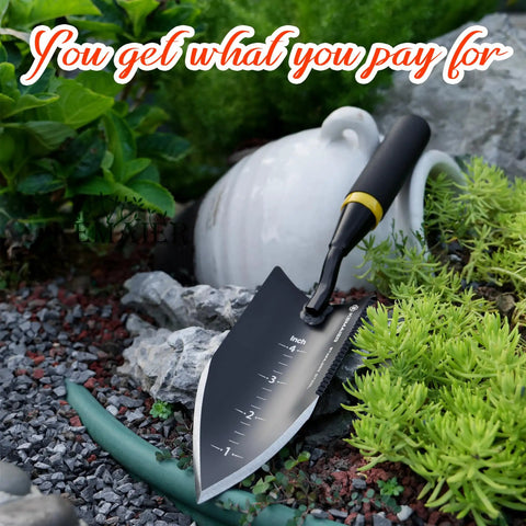 Beefy Heavy Duty Garden Trowel With Serrated Stainless Steel Blade Left Side Three Inch Sawtooth Hand Shovel on rocky ground