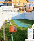 WiFi Water Timer For Garden Hose Smart Sprinkler Controller With 984 Feet Long Range Solid Wall Penetration App And Remote Control Voice Control Rain Delay Manual Mode One Outlet Irrigation System installed on garden faucet