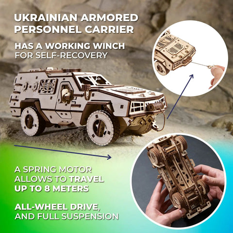 Battlefield Dozor B Combat Vehicle Armored Army Truck 3D Wooden Puzzle For Adults, side view with working winch
