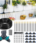 Plug And Play 360 Degree Adjustable Drip Irrigation System Kit With One Hundred Foot Quarter Inch Tubing, Adjustable Brass Nozzles, Auto Watering setup on fence