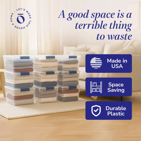 Heavy Duty Clear Plastic Storage Totes Set Of 16 31 Quart Stackable Bins With Latching And Locking Lids For Holiday Decor Linens Clothes And Crafts Plus Easy Carry Handles For Quick Organization stacked in a living room.