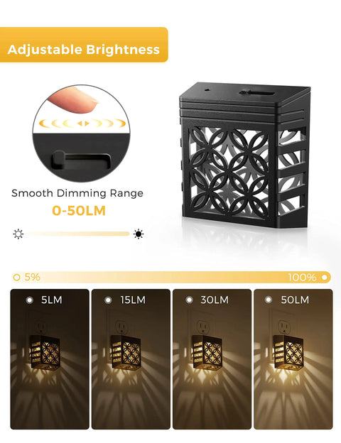 Dusk To Dawn LED Night Light With Dimmable Vintage Glow Soft White 3000K Black Frame showing dimming range and brightness levels.