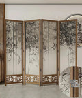 Double Acting Hinges 12 Pack, 270 Degree Self Closing Cabinet Hardware on wooden folding screen with bamboo design.