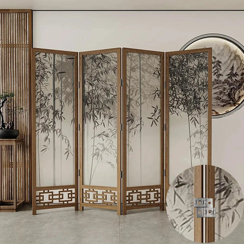 Double Acting Hinges 12 Pack, 270 Degree Self Closing Cabinet Hardware on wooden folding screen with bamboo design.
