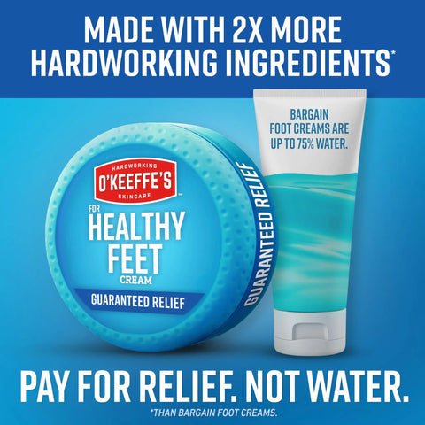Healthy Feet Foot Cream With Concentrated Moisture Lock Jar next to a tube of bargain foot cream labeled 'up to 75% water.'