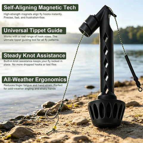 Magnetic Fly Threader For Fly Fishing Leader Stringing And Knotting Tools on lake shore, focus on all-weather ergonomics.