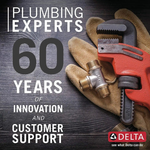 Plumbing experts image with red pipe wrench and plumbing fittings next to a glove, highlighting 60 years of innovation and support.