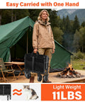 Person holding Foldable Utility Wagon With Wheels For Groceries And Camping, Heavy Duty Folding Cart for Shopping, beach and garden near tent.