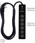Six Outlet Surge Protector With Ten Foot Extension Cord For A Simple No Fuss Power Strip Setup And 800 Joules Of Surge Protection Twist To Close Safety Covers Protected Indicator Light ETL Listed Black showing six outlets and cord.