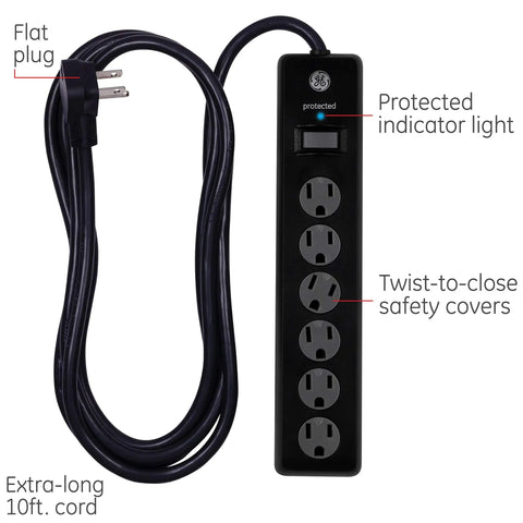 Six Outlet Surge Protector With Ten Foot Extension Cord For A Simple No Fuss Power Strip Setup And 800 Joules Of Surge Protection Twist To Close Safety Covers Protected Indicator Light ETL Listed Black showing six outlets and cord.