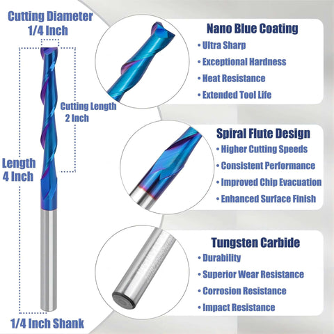 Yakamoz 1/4 in shank upcut spiral carbide router bit, 1/4 in diameter, 2 in cutting length, 4 in overall length