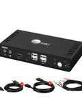 2 Port HDMI KVM Switch Swap Between Two 4K60 Monitors No Sweat Using One Shared Keyboard Mouse And Headphone Setup For Your Ultimate Home Office Or Gaming Rig, showing ports and included cables.