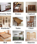 Collage of furniture including dressing table, drawer, cupboard, wardrobe, table, chair, bed, cabinet, and infant crib.
