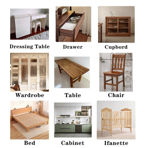 Collage of furniture including dressing table, drawer, cupboard, wardrobe, table, chair, bed, cabinet, and infant crib.