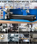 Hosslly 1100W Brushless Benchtop Metal Lathe, 9x30 Inch Size, heavy-duty steel construction for precise machining and threading.