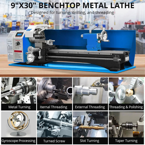 Hosslly 1100W Brushless Benchtop Metal Lathe, 9x30 Inch Size, heavy-duty steel construction for precise machining and threading.