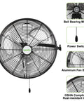 20 Inch Industrial Wall Mount Fan Featuring Hella Powerful 4600 CFM Airflow, Heavy Duty Metal Barn Design, Smooth Three Speed Pull Chain, Zero Hassle Garage Workshop Setup, Includes Two UL Rated Units For Serious Cooling, showing front view with aluminum blades and power switch.