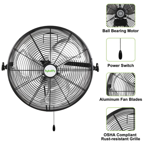 20 Inch Industrial Wall Mount Fan Featuring Hella Powerful 4600 CFM Airflow, Heavy Duty Metal Barn Design, Smooth Three Speed Pull Chain, Zero Hassle Garage Workshop Setup, Includes Two UL Rated Units For Serious Cooling, showing front view with aluminum blades and power switch.