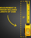 Yellow 10 Ft Steel Tape Measure With Easy To Read Fractional Markings In Feet And Inches A Handy Tool For Measuring Windows Doors And Cabinets Inside And Outside Measurements, 7 inch measurement showing length including case.