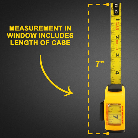 Yellow 10 Ft Steel Tape Measure With Easy To Read Fractional Markings In Feet And Inches A Handy Tool For Measuring Windows Doors And Cabinets Inside And Outside Measurements, 7 inch measurement showing length including case.