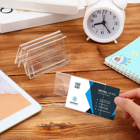Set Of 30 Mini Acrylic Sign Holders, 2 X 3.5 Inch Clear Desk Name Plates, Horizontal V Shaped Displays For Office, hand placing card