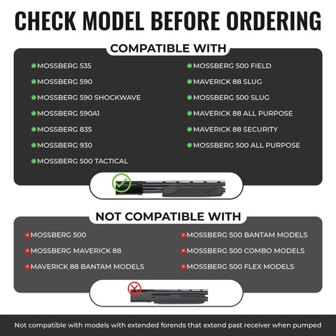 Compatibility chart for Side Saddle Shotgun Shell Holder V2 6-Shell Pouch showing compatible and non-compatible Mossberg models