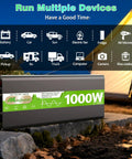 Pure Sine Wave Power Inverter 12V DC To 120V AC, 1000W Continuous, 2000W Surge shown outdoors near a tent