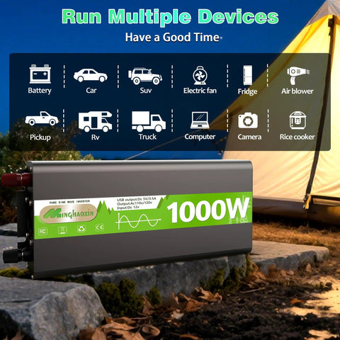 Pure Sine Wave Power Inverter 12V DC To 120V AC, 1000W Continuous, 2000W Surge shown outdoors near a tent