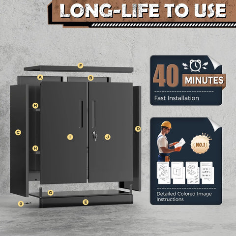 Locking Metal Storage Cabinet With Two Shelves And Locking Doors In Black Steel For Office Garage Or Home Tough And Ready Lockable Steel Cabinet With Dustproof Coating And Easy To Clean Surface, with assembly diagram.