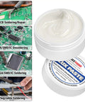 9570 Rosin Soldering Paste Flux No Clean For Electronics, Quick Bonding For SMDs And Through Hole Joints, No Fuss Cleanup With Isopropyl, Prevents Oxidation, Ideal For Circuit Boards And Copper Wires, 2.29oz Jar displayed with PCB and soldering tools.