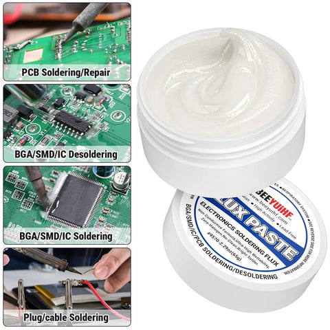 9570 Rosin Soldering Paste Flux No Clean For Electronics, Quick Bonding For SMDs And Through Hole Joints, No Fuss Cleanup With Isopropyl, Prevents Oxidation, Ideal For Circuit Boards And Copper Wires, 2.29oz Jar displayed with PCB and soldering tools.